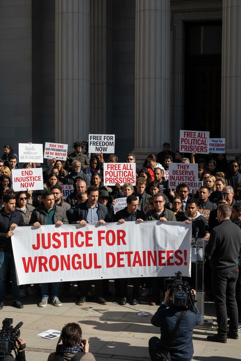 A diverse crowd of protesters stands in front of large stone pillars, holding signs that read "Justice for Wrongful Detainees!" and "Free All Political Prisoners."